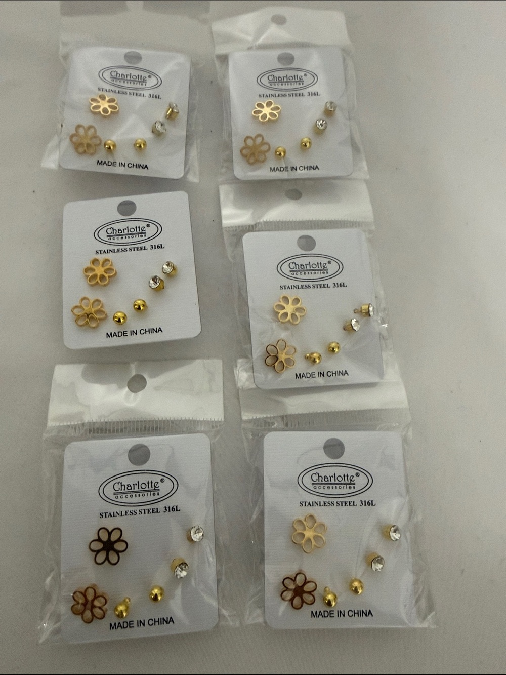 Fashion Jewelry Gold Flower Stud Earring Set - Mixed Styles Bundles of 6